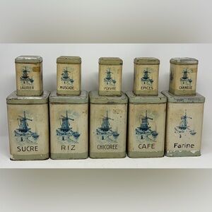 Antique French Tin Canister Set c1910–30 | Sucre Café Farine | Windmill
